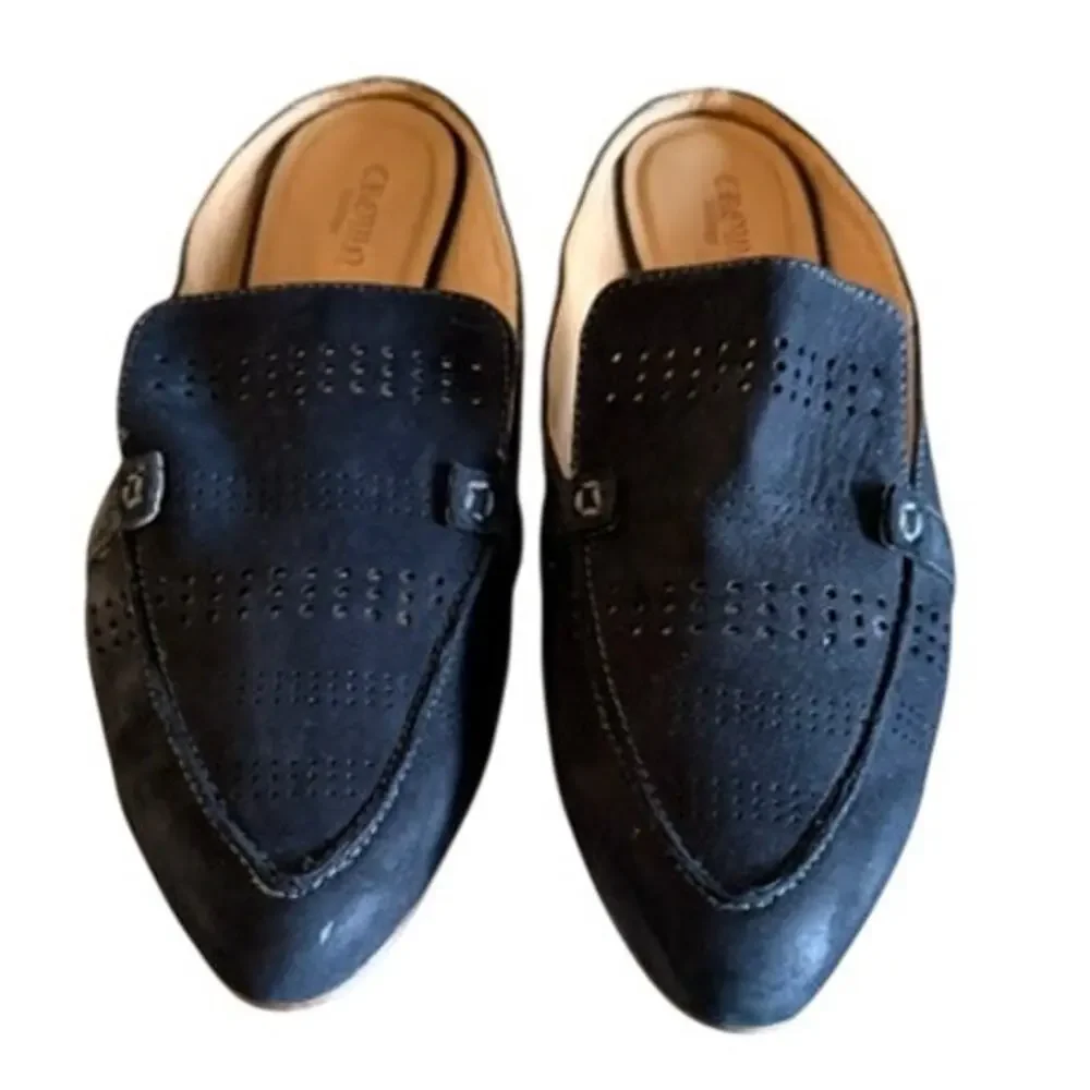 Crown Vintage Katrine Black Leather Mule Loafers Women's 9M Pointed Toe Slip On